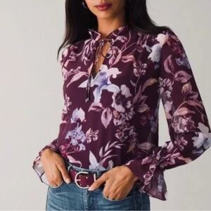 WHBM Sheer Floral Print Pull-on Blouse, Purple/Mauve/Violet, Size Small, EUC